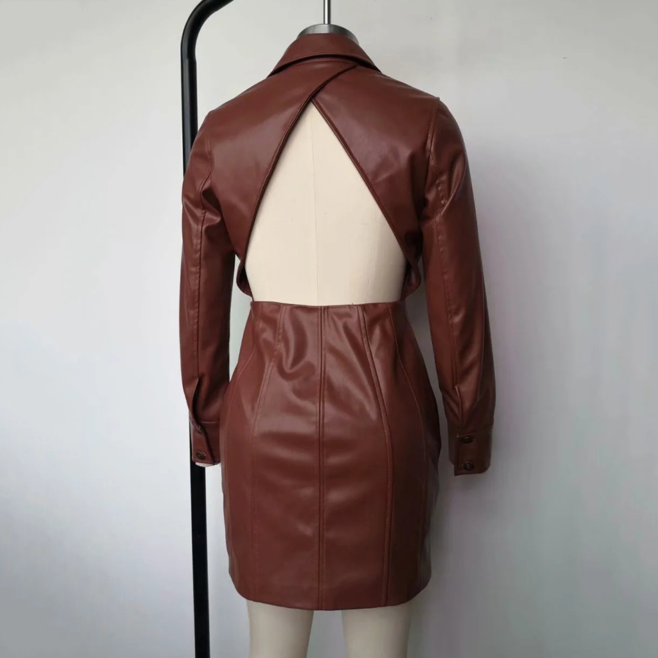 Brown PU Leather Mini Bodycon Dress Ladies Long Sleeve Lapel Buttons Elegant Backless Winter Sexy Party 210525