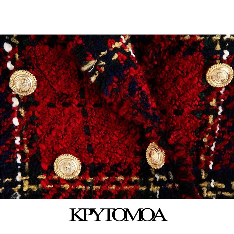 Women Fashion Double Breasted Tweed Check Blazer Coat Long Sleeve Frayed Tassel Female Outwear Chic Tops 210420