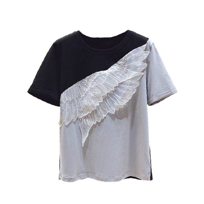 Nnomikuma Graphic T Shirts Korean Hit Color Lace Ruffle Patchwork Tee Top Summer New Short Sleeve O-neck Woman Tshirt 6G649 210427