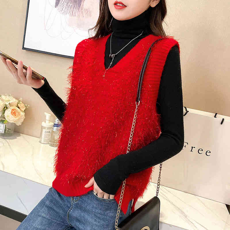 V-neck solid color pullover Korean style bright silk women's sweater vest knitted women loose outer wear 210514