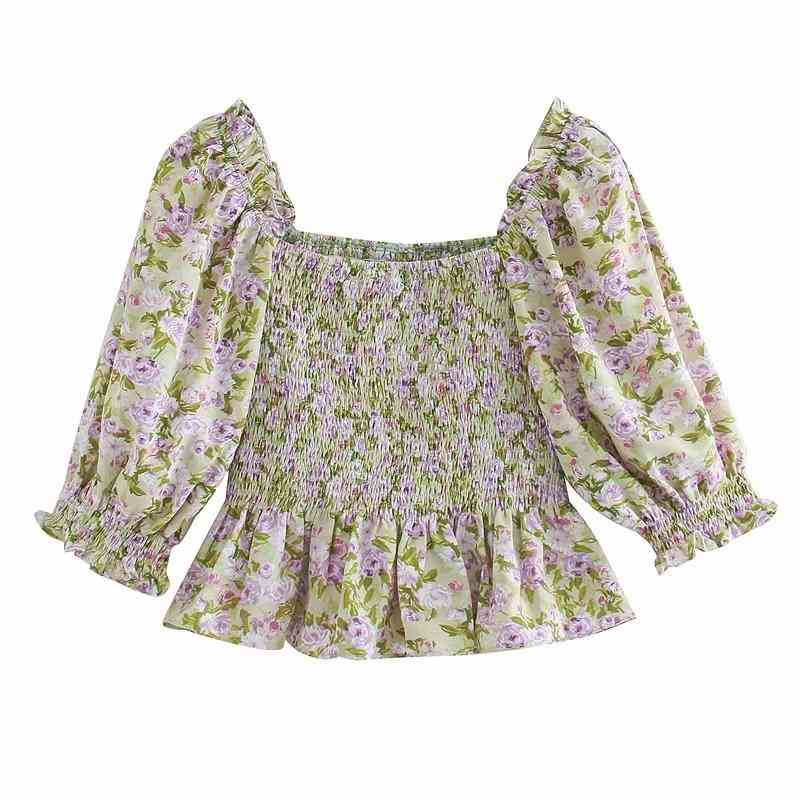 vintage slash neck women short shirts summer fashion ruffle sleeve ladies shirt female blouses flower print girls chic 210430