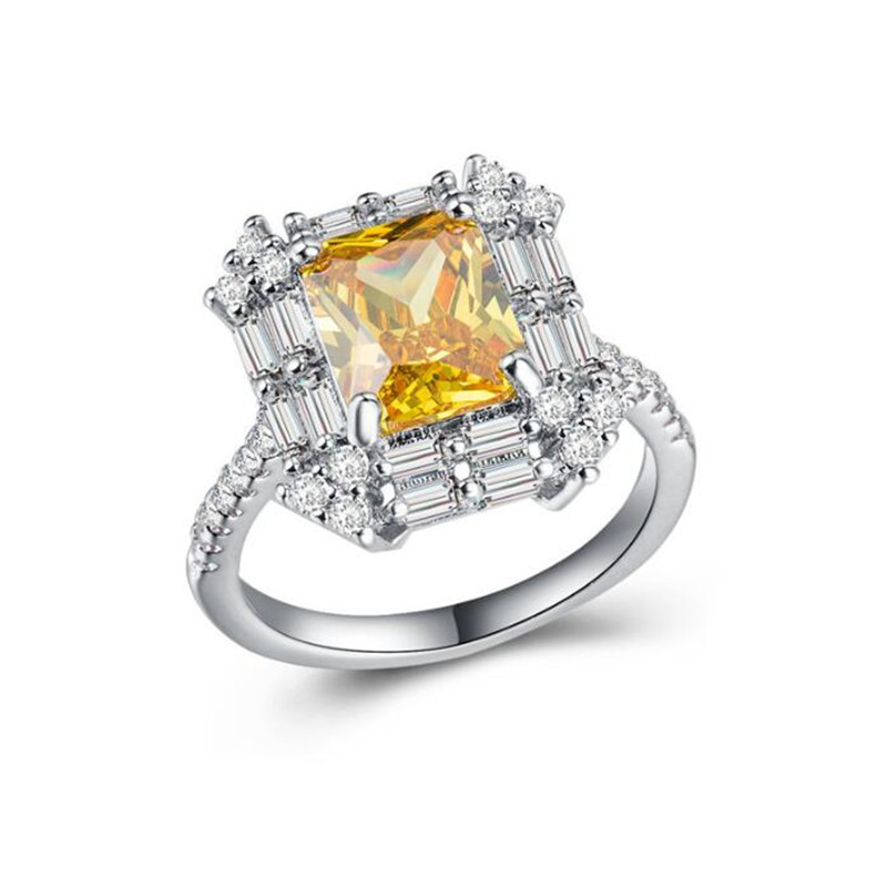 2022 Ins Top Sell Wedding Rings Luxury Jewelry 925 Sterling Silver Princess Cut Yellow Topaz CZ Diamond Gemstones Eternity Women Engagement Band Ring 