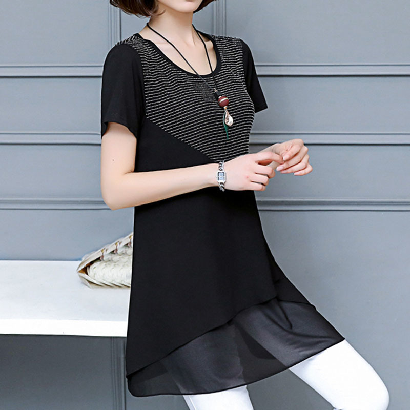 Womens tops and blouses plus size chiffon blouse shirts ladies short spliced women clothes black 3530 50 210427