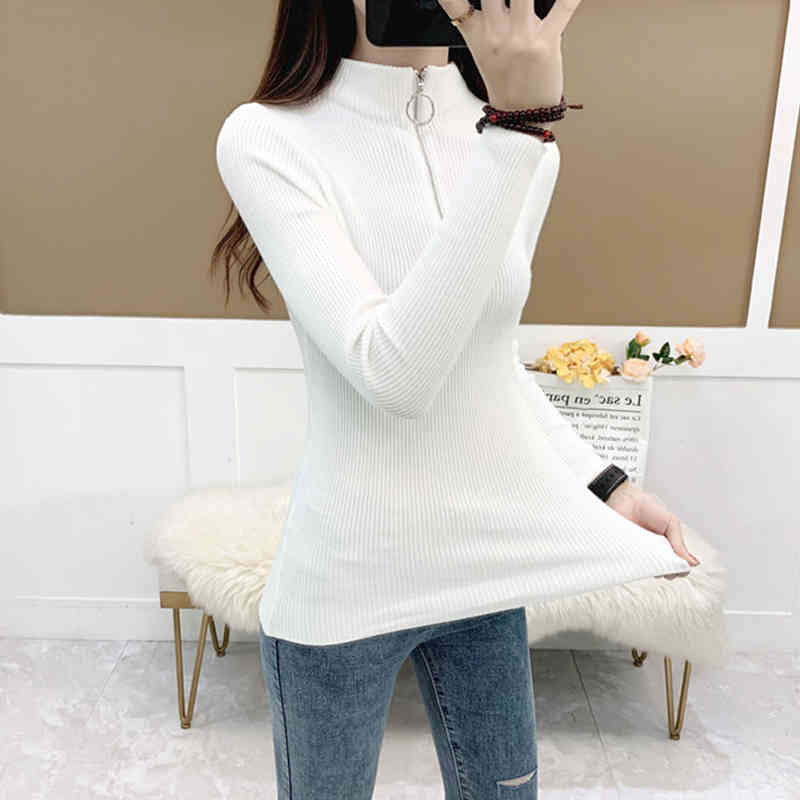 Fashion Knitted Pullover Bottoming Shirt Winter Clothes Women Half Turtleneck Sweater Zipper Knitwear Femme 11034 210427