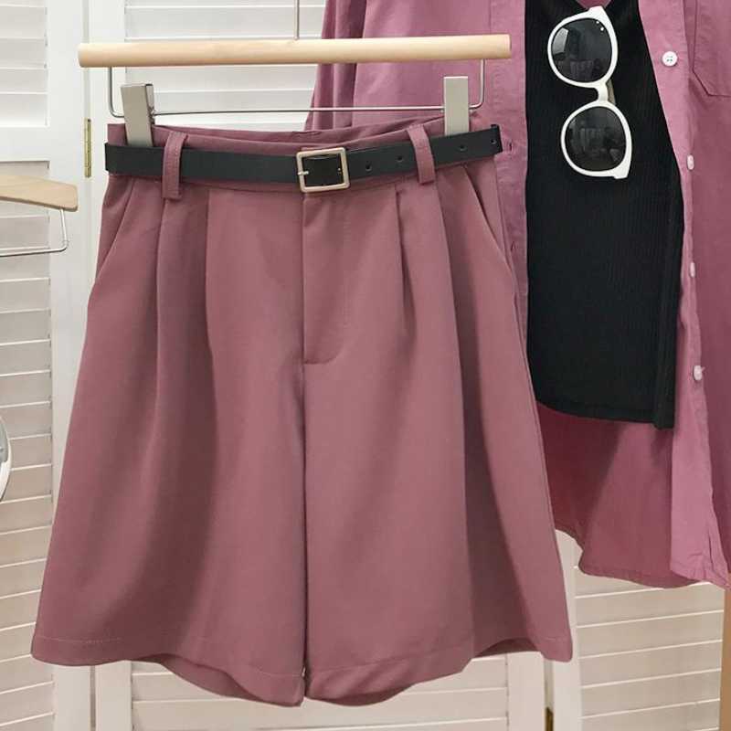 Summer Suit Shorts for Women Korean Belt High Waist Bottoms Causal Solid Wide Leg Short Feminimos 6J050 210603