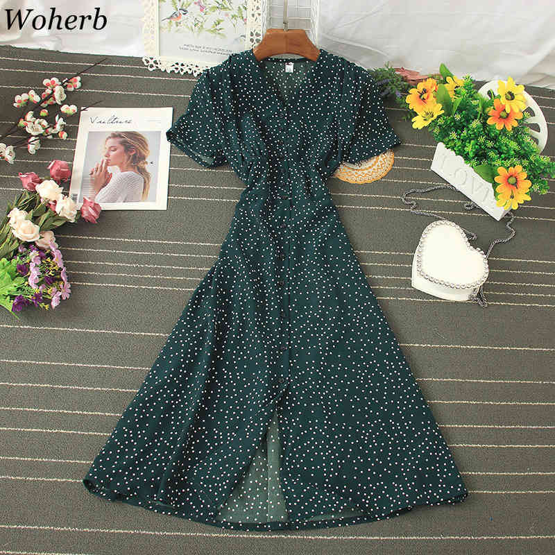 Women Dress Summer Korean Clothes Print Polka Dot Single Breasted Vestidos High Waist V-neck Big Swing Dresses 92523 210519