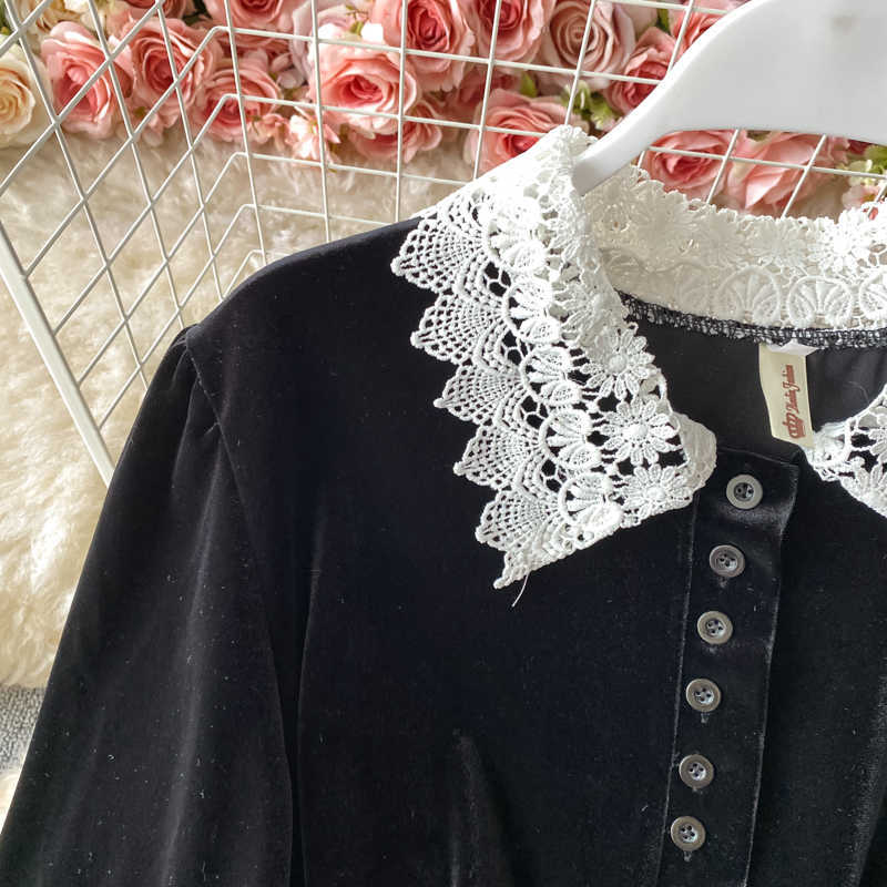 LY VAREY LIN Spring Autumn Women Black Single Breasted Long Sleeve Dress Vintage Collar Lace Patchwork Velvet 210526