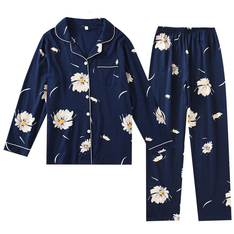 Women's Sortwear Spring Printemps Nouveau WPmen Coton Plein Cotton Collier Pyjama Ensemble Floral Imprimé Simple Simple Sleeve Sleeve Navy 9G7J