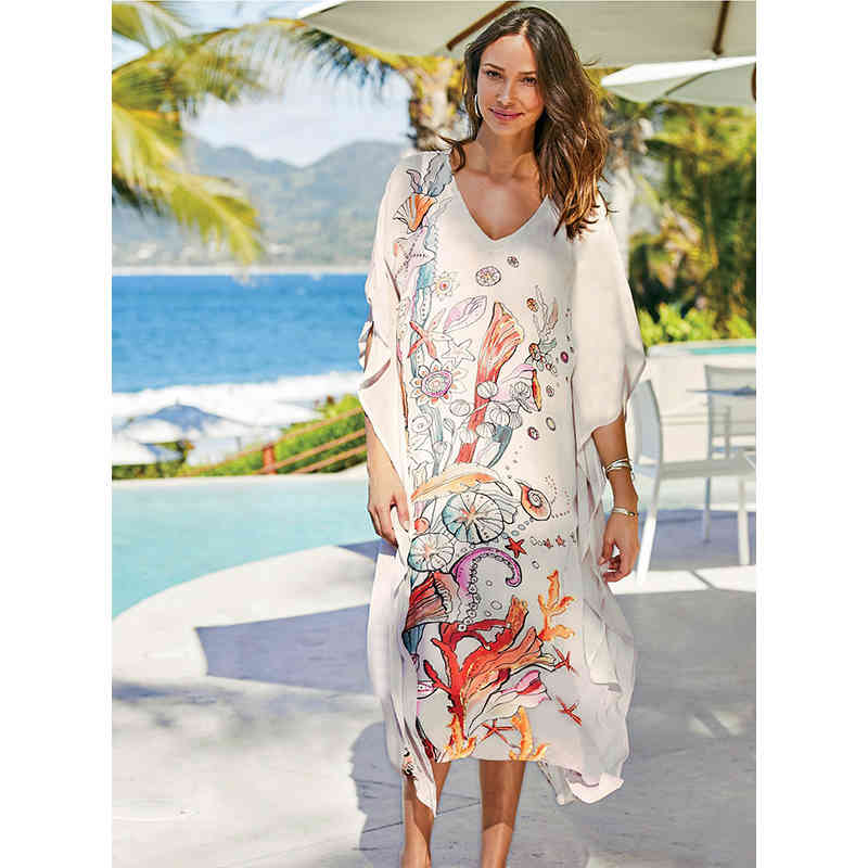 Embroidery Polyester Beach Cover up Saida de Praia Swimsuit Women Bikini cover Tunics for Pareo Sarong wear Q1216 210420