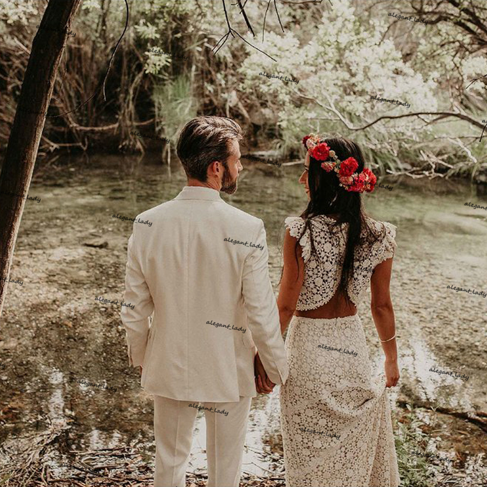 Vintage Crochet Cotton Lace Wedding Dresses Crop Top Bohemian Country Beach Two Pieces Bridal Dress vestido de fiesta de boda