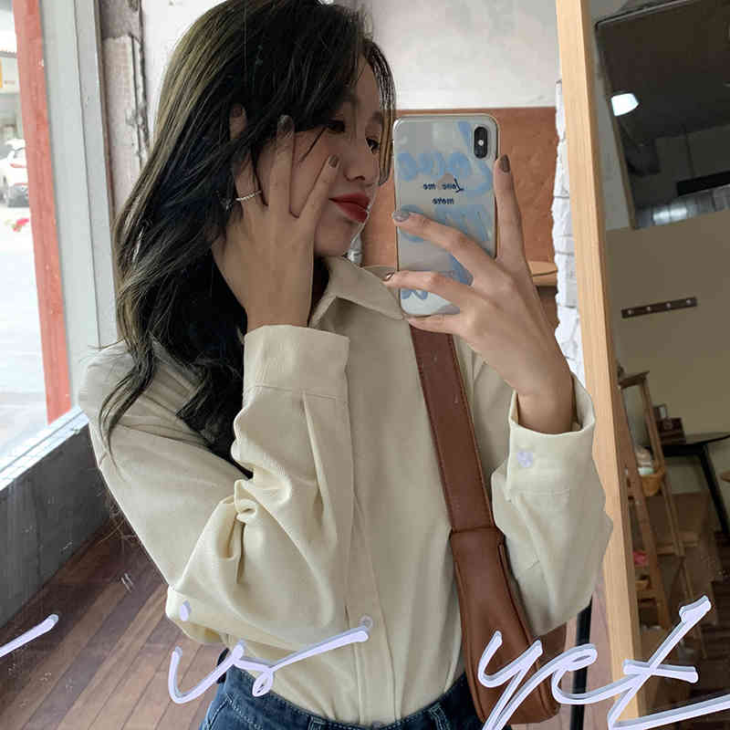 Beige Full Sleeves Corduroy Solid Chic Students Fashion Korean Girls Loose Slim All Match Office Lady Shirts 210421
