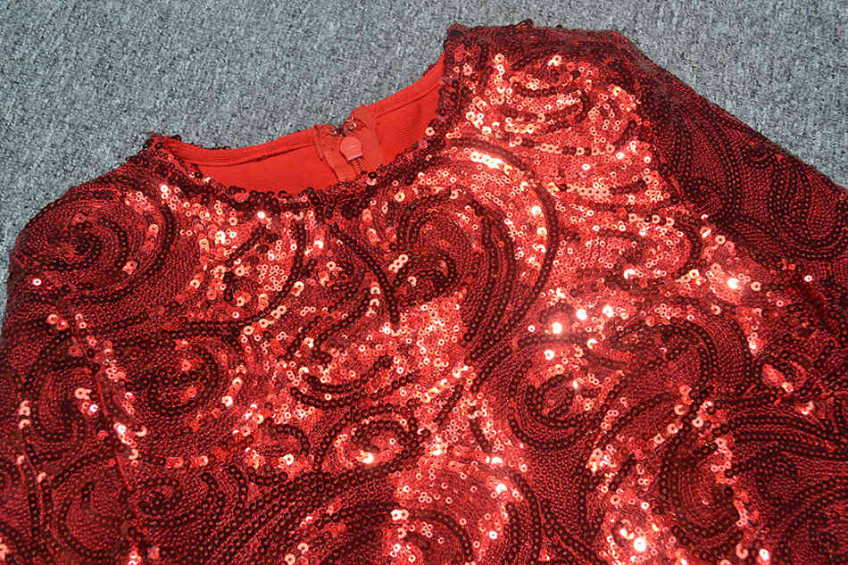 Free Women Red Elegant Sequined Bandage Dress O-Neck Long Sleeve Bodycon Mini Celebrity Club Party 210524