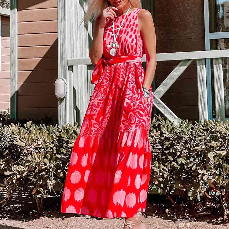 Women Dress Sleeveless Backless Bohemia es Sexy Long Print Floral Maxi Lace Up A-Line Loose Plus Size es 210513