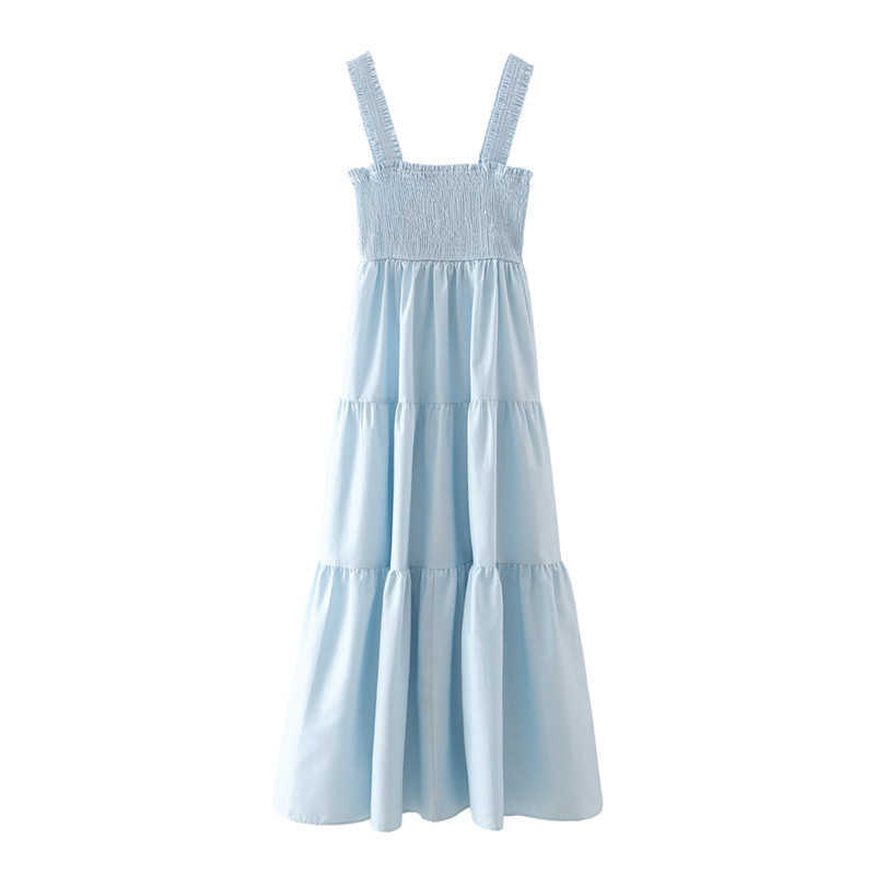 ZA Blue Pleated Summer Dresses Women Sleeveless Wide Straps Smocked Elastic Midi Party Dress Female Chic Backless Vestidos 210602