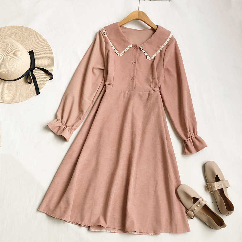 LY VAREY LIN Spring Autumn Women Peter Pan Collar Dress Lace Flare Sleeve Waist Down Bandage Slim Corduroy 210526