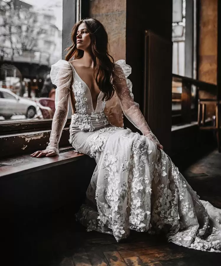 Boho Mermaid Wedding Dresses Bridal Gown Backless 3D Ral Applique Handmade Wers Long Sleeves Illusion Beads Sweep Train Custom Made Plus Size Vestido 
