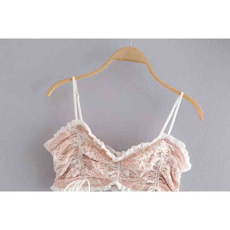 Vintage Chic Lace Ruffles Camis Tops Women Sexy Drawstrings Adjustable Straps Tops Elegant Ladies Chic Camisole 210407