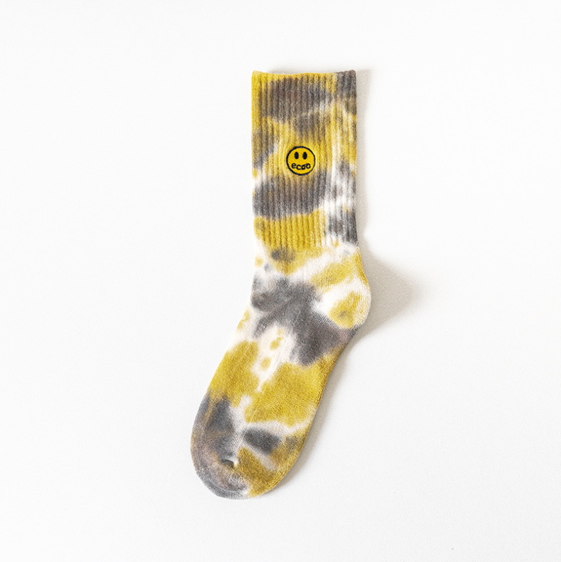 Socks Streetwear Embroidery Smile Face Tie Dye Hip Hop Men Women Harajuku Fashion Casual Casual Cotton Sock