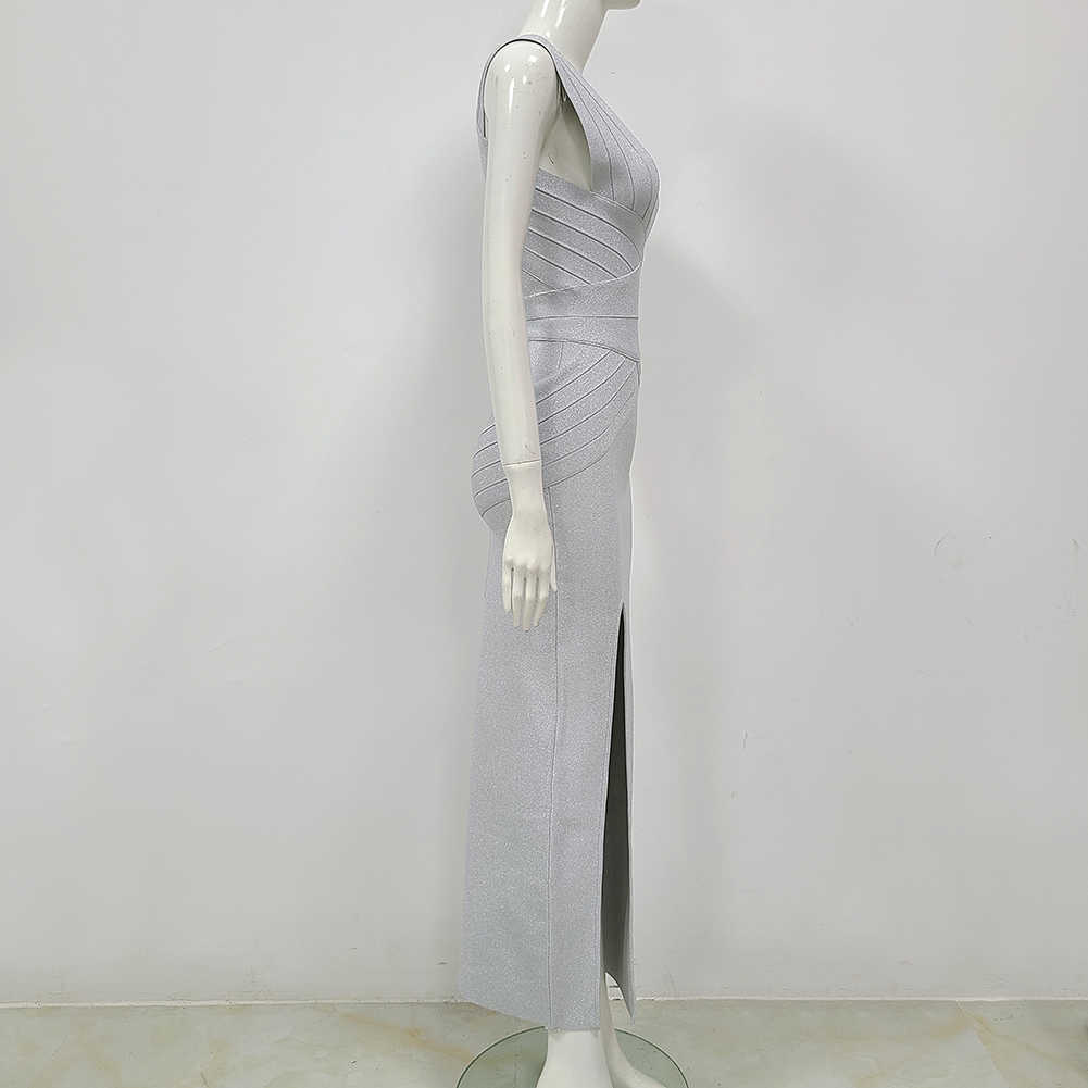 Women's High Quality Grey V-neck Sleeveless Tights Split Long Rayon Bandage Dress Sexy Party Vestidos 210525