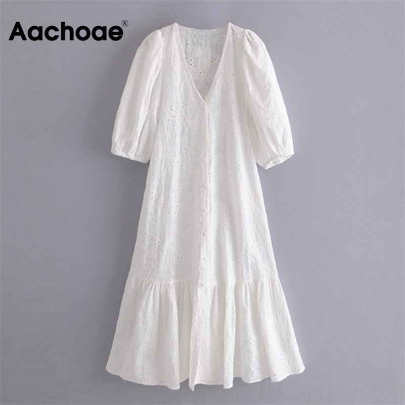 Aachoae Chic Floral Embroidery Midi Dress Women V Neck Puff Sleeve Sweet Dresses Ladies Elegant A Line White Cotton Dress 210630
Aachoae Chic Floral Embroidery Midi Dress Women V Neck Puff Sleeve Sweet Dresses Ladies Elegant A Line White Cotton Dress 210630
