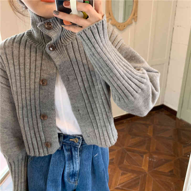 Nomikuma Short Knitwear Cardigan Autumn Winter Turtleneck Long Sleeve Sweater Coat Causal Solid Korean Knitted Jacket 6D231 210427