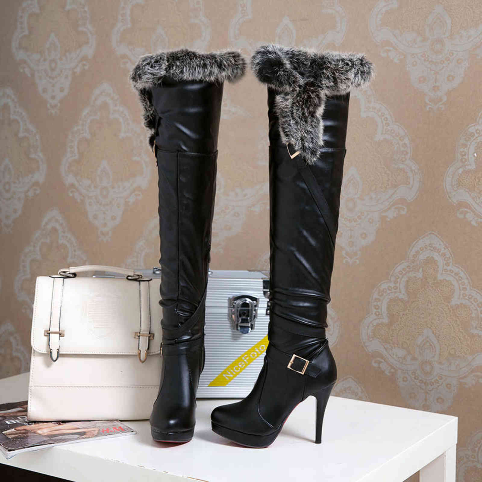 Spring Thigh High Boots Platform Winter Women Over the Knee Suede Long Heels Fur Plush Wedge Shoes Woman 211105