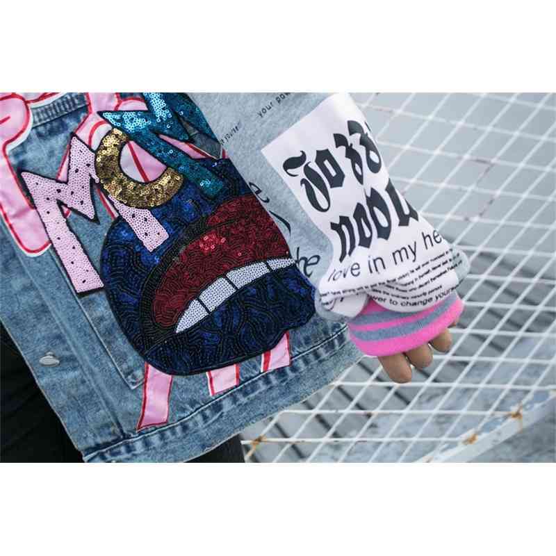 Women Contrast Color Blocked Long Sleeve Cardigan Plus Size Loose Cartoon Sequins Denim Coat Turn Down Collar Bomber Jacket 210515