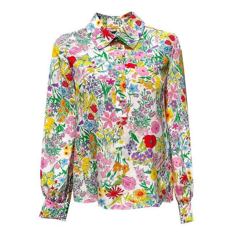 Spring Summer Women Loose Long Sleeve Turn-down Collar Blouse Print Hidden Discount Chiffon Pullover Casual Shirts W279 210512