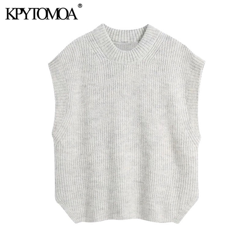 Women Fashion Loose Side Vents Knitted Vest Sweater O Neck Sleeveless Female Waistcoat Chic Tops 210420