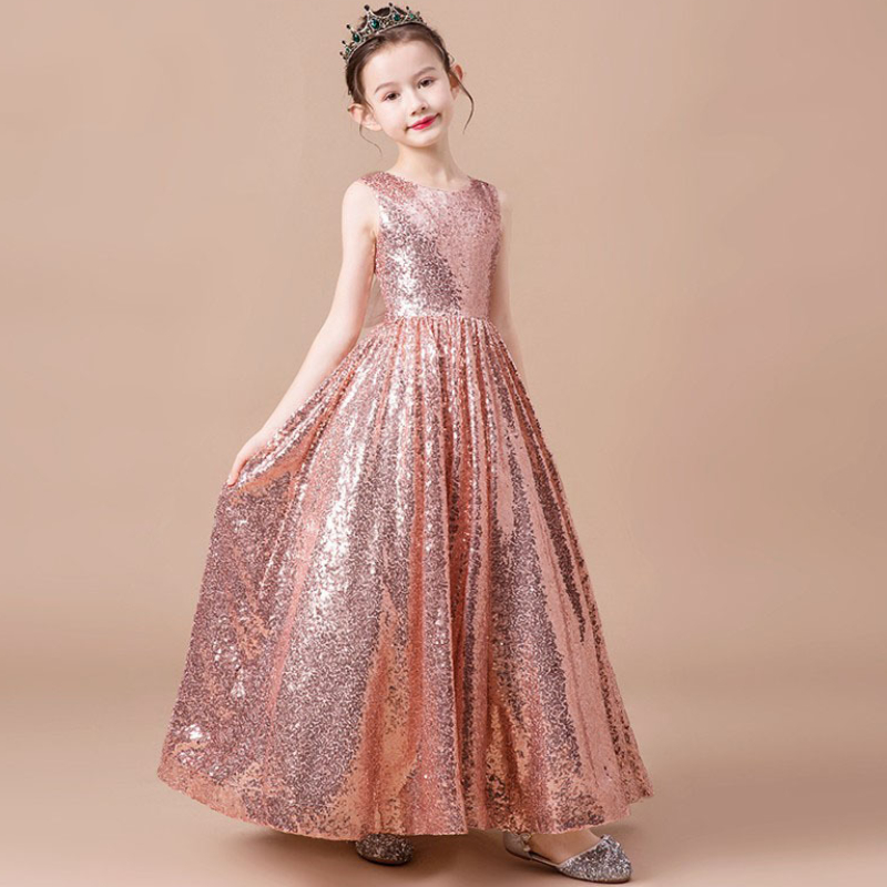 New Arrival Sparkly Sequined Ball Gown Flower Girl Dresses Cute Pink Sequined Long Birthday Party Gown Cheap Girl Foiormal Pageant Dresses