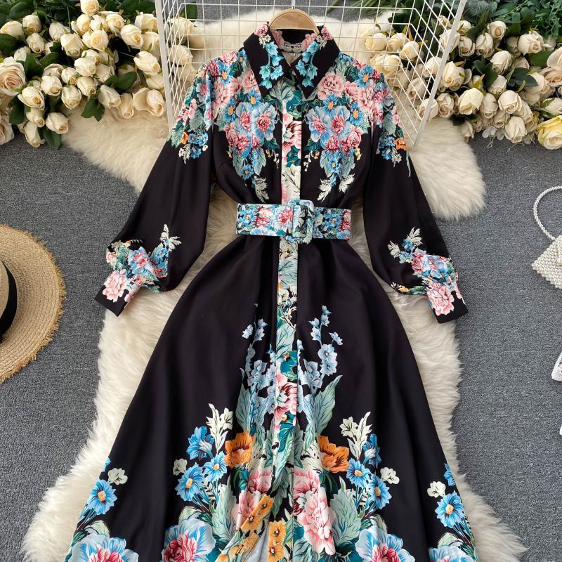 Spring Autumn Retro Print Maxi Dress For Women Korean Turn-down Collar Puff Sleeve A-line Dresses Bohemian Streetwear 210428
