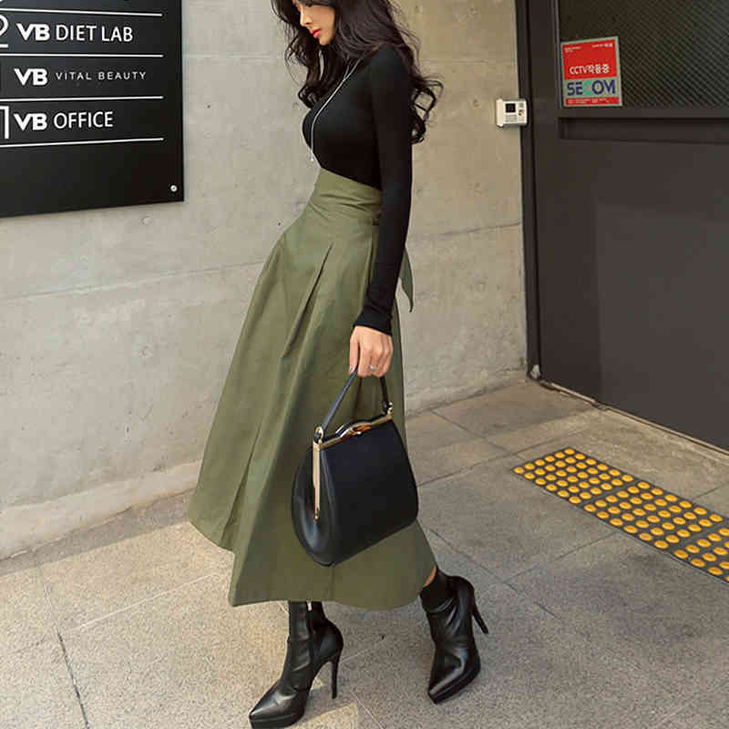 Autumn Solid Skirts Womens Korean Style Cotton Big Swing Ladies Skirt Long Wild High Waist Bow Slim Jupe Femme 9763 210508