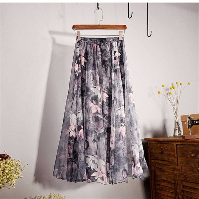 Elegant Summer Bohemian Maxi Skirts Women Long Skirt Chiffon Saia Beach High Waist Tutu Casual Vestidos Harajuku Print Clothes 210619