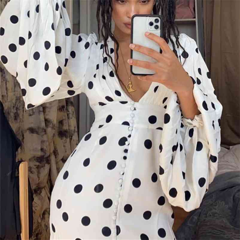 Long Sleeve Elegant Polka Dot Women Dress Print White Female Mini Dress Sexy Deep V Neck Party Dress Vestido De Mujer 210415