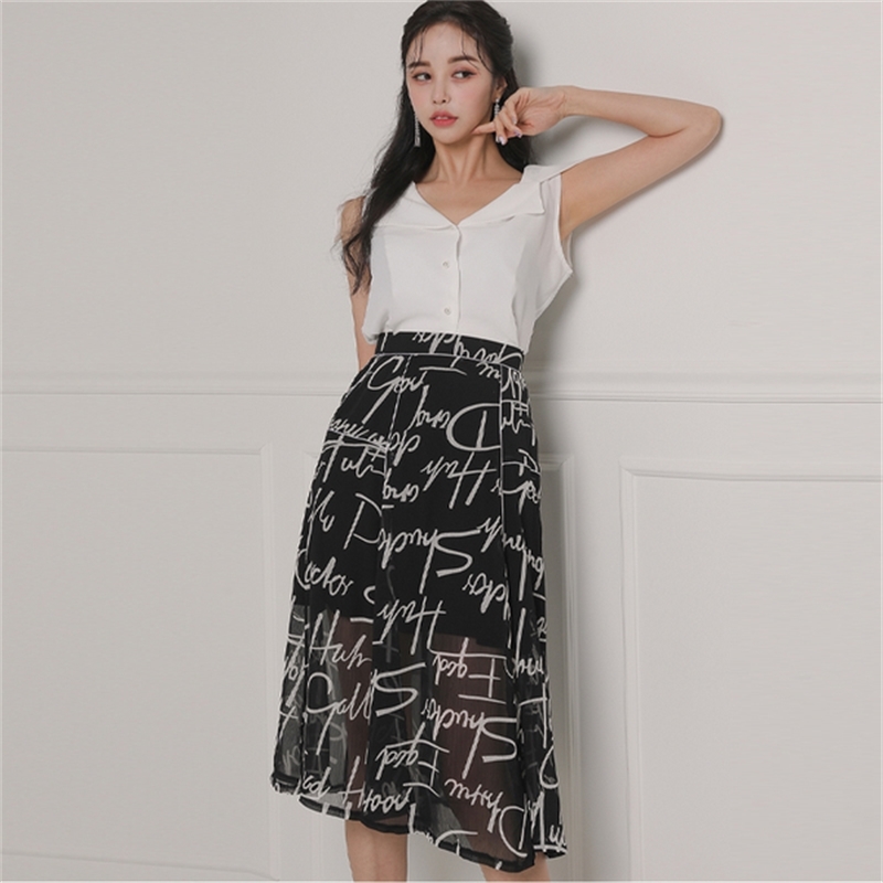 Vintage Elegant 2 Pieces Set Women Summer Sleeveless Chiffon Blouses + High Waist Black Letter Print Skirts Suit 210519