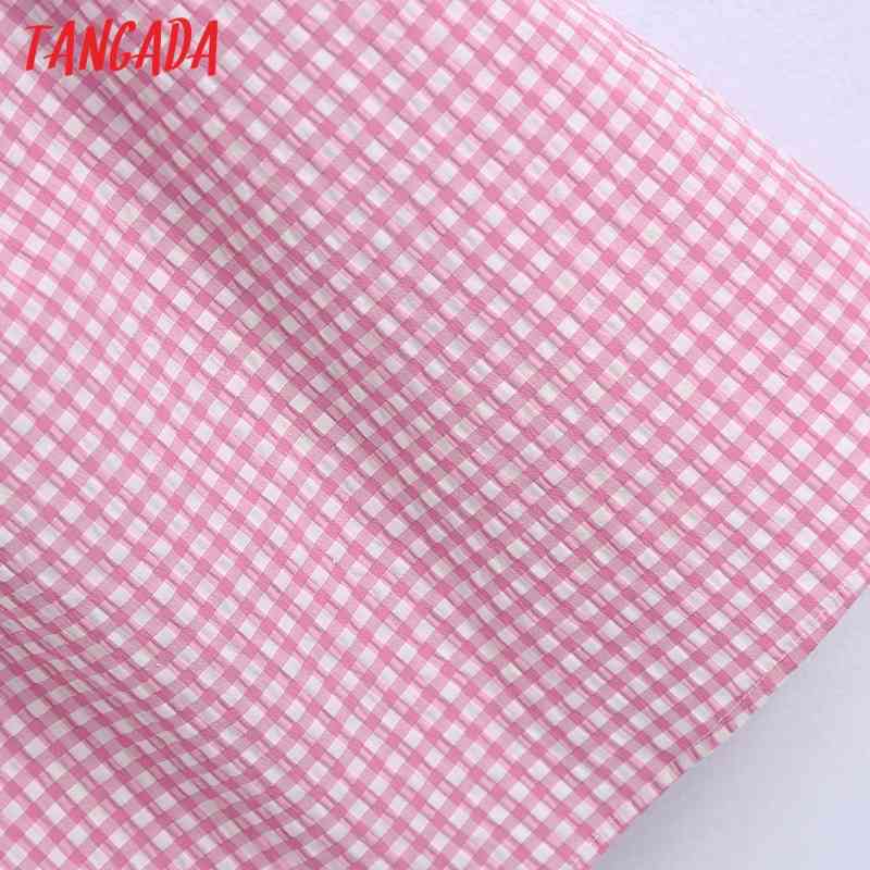 Summer Women Pink Plaid Beach Square Neck Short Sleeve Ladies Mini Dress Vestidos BE600 210416