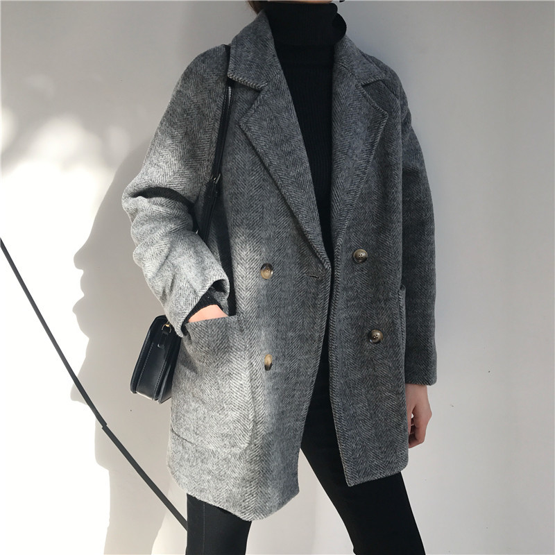 Office Lady Blazers Notched Collar Thick Vintage Women Blazer Single Breasted Winter Autumn OL Jacket Faux Woolen Coat 210421