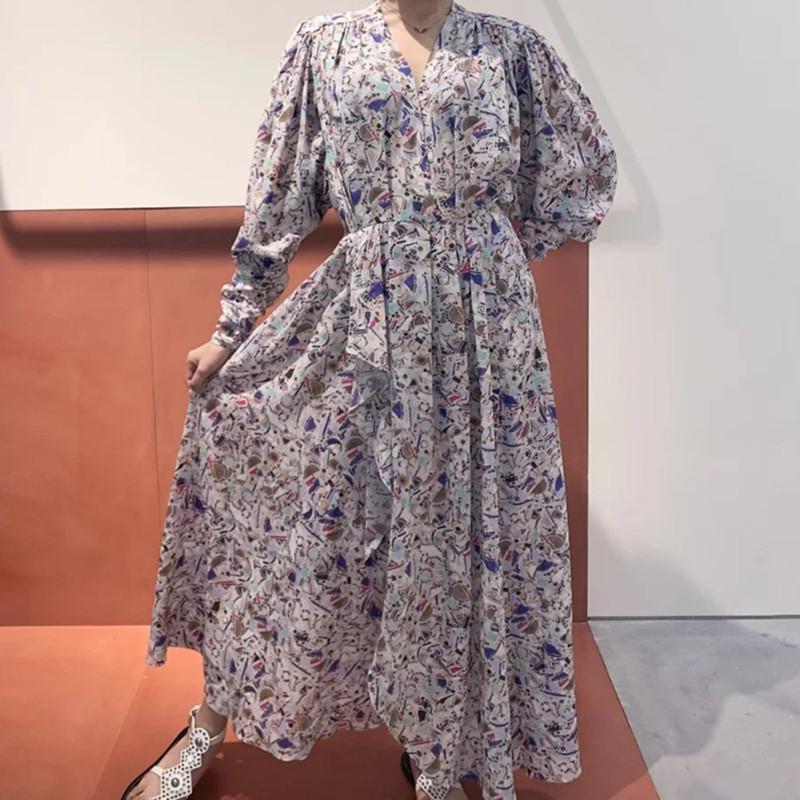 Retro Print Women V-neck Midi Dress Color Matching Lady Long-sleeved Pleated Split Female Slim Long Dresses 2021 Casual