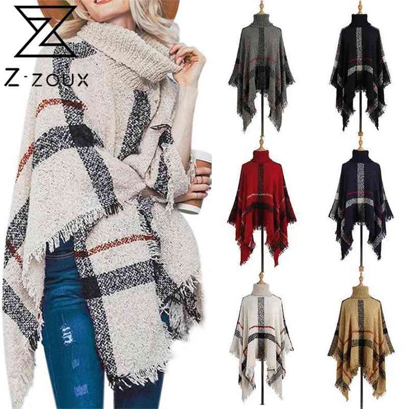 Women Sweater Turtleneck Knitted Oversized Knit Cloak Tassel Cape Shawl Loose Winter Knitwear 210513