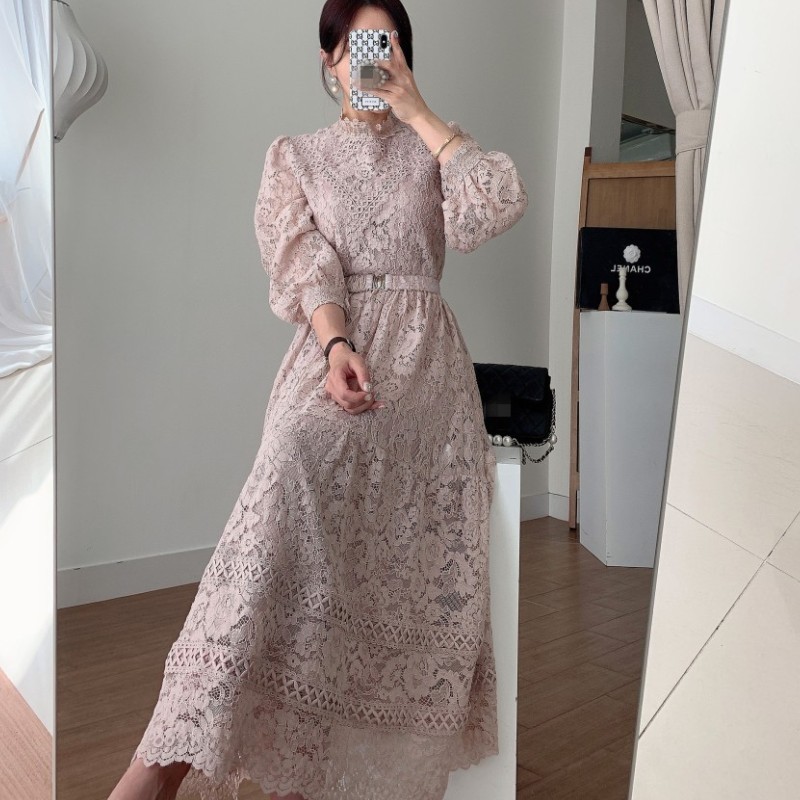 Women Vintage Spring Sweet Hollow Out Lace Long Dress Elegant Ladies Puff Sleeve Female Sexy Slim Sashes Party Dresses Vestidos 210519