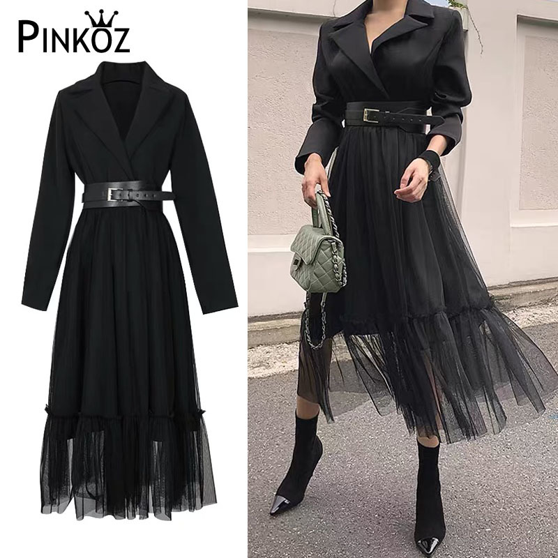 Autumn Women Midi Blazer Dress Runway Black Patchwork Mesh Noeched Collar Elegant Long Sleeve Slim Belt navid 210421