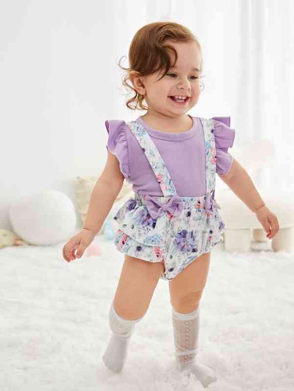 Baby Ruffle Trim Tee & Floral Print Bow Front Suspender Shorts SHE