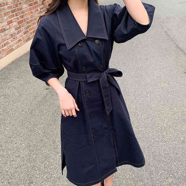Summer Turn down collar Big Swing Dress Women Double-breasted Belt Waist es Puff Sleeve Solid OL Casual 210519