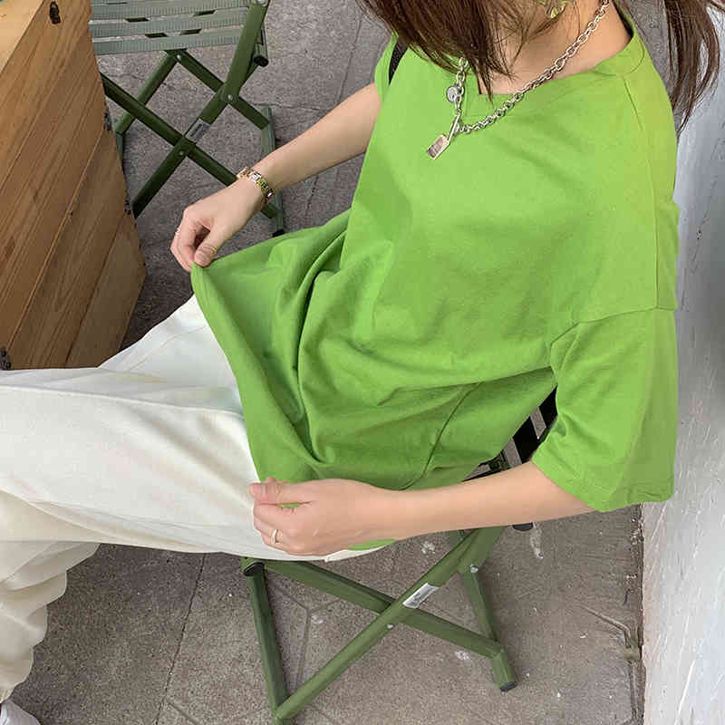 Summer Short Sleeves All Match Loose Casual Brief Female Streetwear Cotton Minimalist Tops V-Neck Women T-Shirts 210421