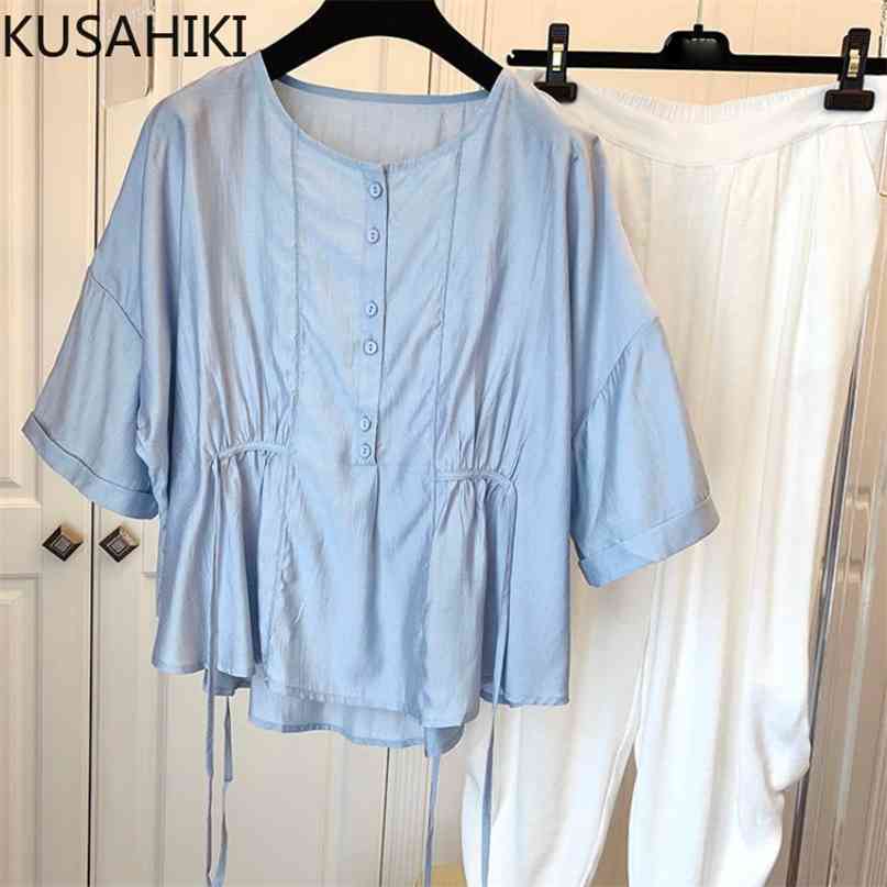 Summer Women Doll Shirt Ouff Sleeve O-neck Causal Sweet Blouse Tops Korean Shirring Blusas Camisas Mujer 6J572 210603