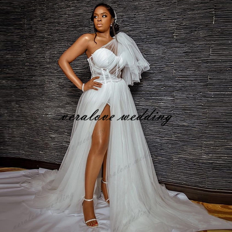 One Shoulder Beach Boho Wedding Dress 2021 Side Split Vestido de Noiva Tulle Sweep Train Princess Wedding Gowns for Russia