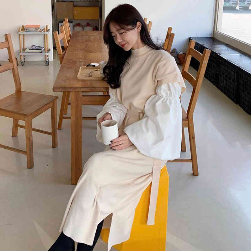 Knitted Sweater Dress Women Loose Long Patchwork Robe Mujer Contrast Color Vintage Korean Dresses Stand Collar Vestidos 210519
