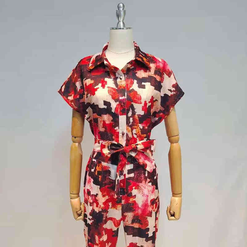 Casual Print Jumpsuit For Women Lapel Short Sleeve High Waist Lace Up Wide Leg Pants Loose Hit Color Jumpsuits 210521