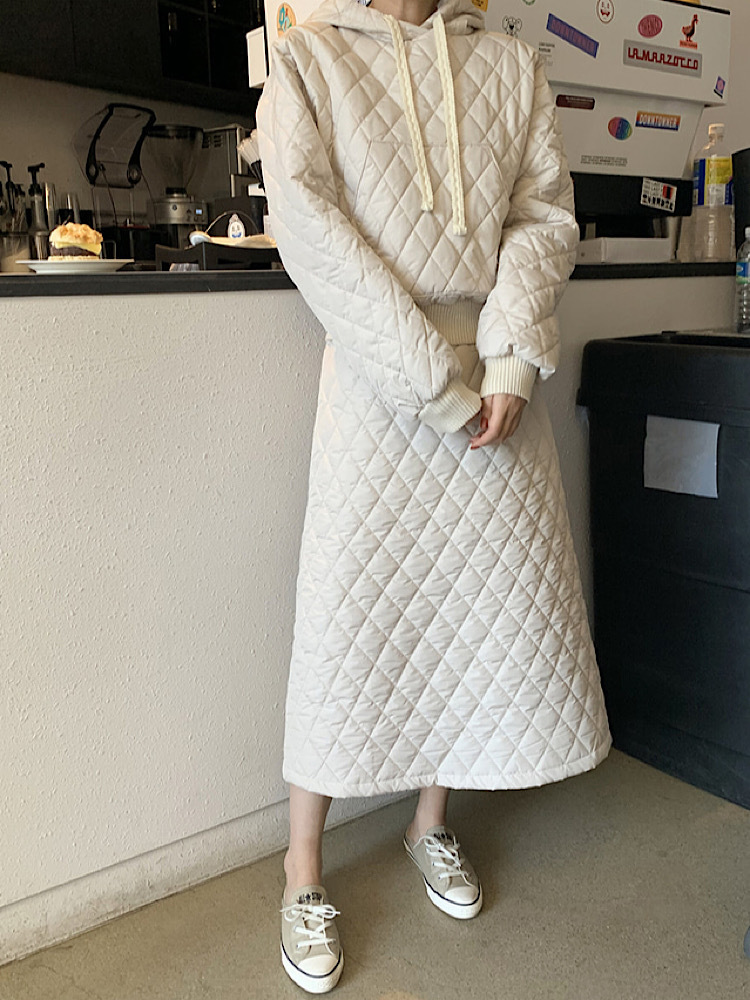 Loose Retro Diamond Cotton Dress A-Line Skirts Winter Chic Hooded Pullover Parkas Skirt Suit Street Sets 210510