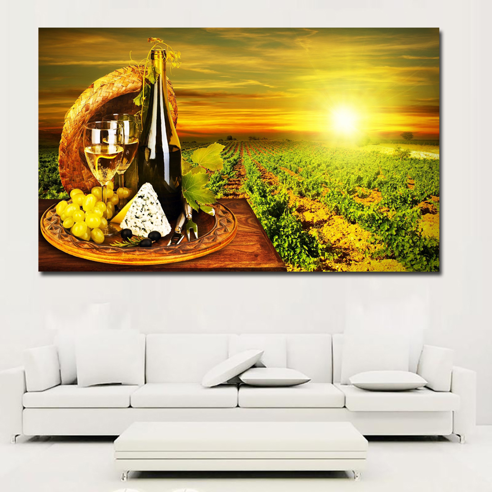 HD Printed canvas art grape red wine glass Oak barrels sunset painting on canvas wall pictures for living room